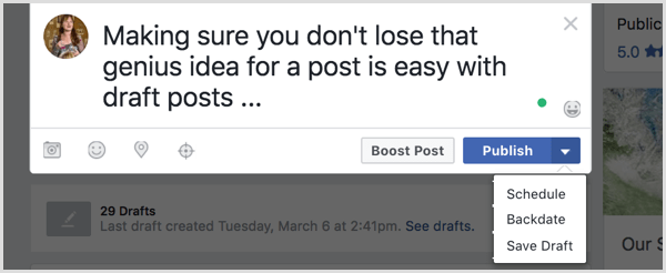 שמור את הפוסט שלך בפייסבוק כטיוטה.