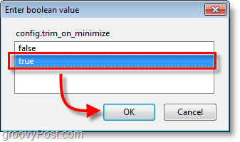 צילום מסך של Firefox - קבע את הערך config.trim_on_minimize לאמיתי