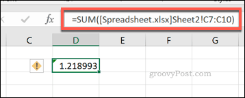 נוסחת SUM של Excel המשתמשת בטווח תאים מקובץ Excel אחר