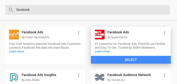 השתמש ב- Google Data Studio כדי לנתח את מודעות הפייסבוק שלך, שלב 4, אפשרות להשתמש במחבר Ads Ads של Supermetrics כמקור הנתונים שלך