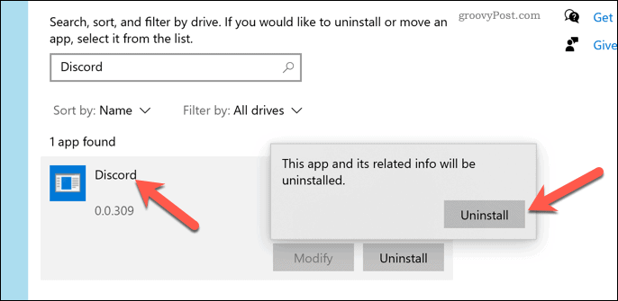 הסרת דיסקורד מ- Windows 10