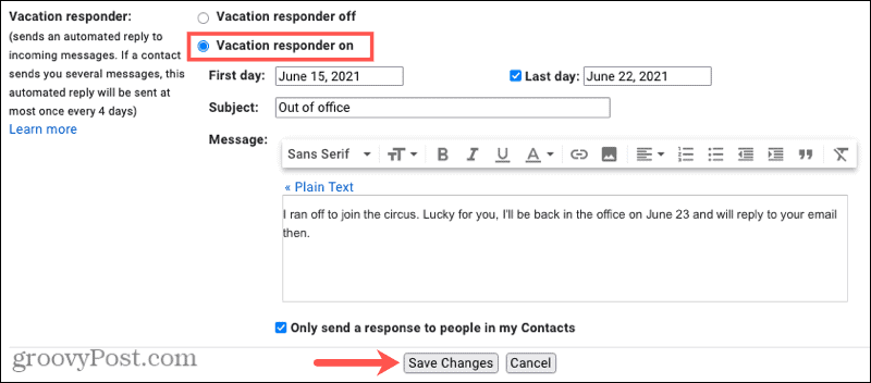 משיב חופשה מחוץ למשרד ב- Gmail באופן מקוון 