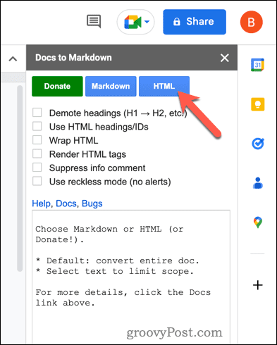 המר ל-HTML באמצעות Docs to Markdown ב-Google Docs