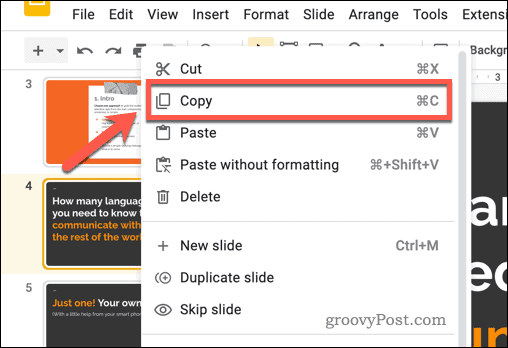 העתקת שקופית של Google Slides