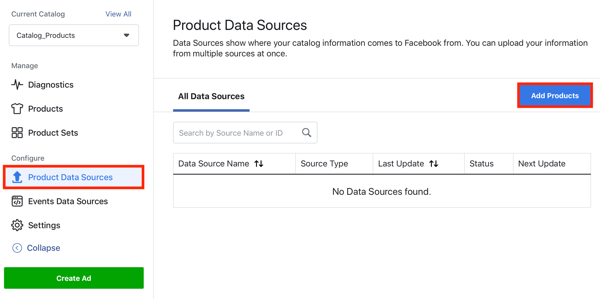השתמש בכלי הגדרת האירועים של פייסבוק, שלב 22, אפשרות תפריט כדי להוסיף מוצרים דרך הכרטיסייה מקורות נתוני המוצר בפייסבוק