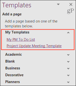 התבניות שלי ב- OneNote