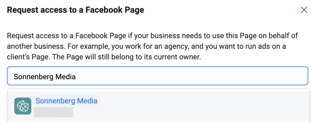 תמונה של בקשת גישה למסך דף פייסבוק ב-Meta Business Manager