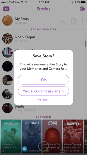 הקש על כן כדי לשמור את סיפור Snapchat שלך.