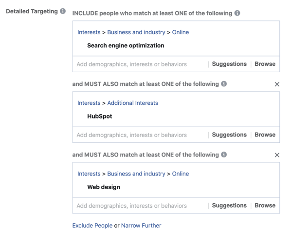 דוגמה להוספת שכבה שלישית מהתוצאות שלך לתחומי העניין של קהל מודעות הפייסבוק שלך באמצעות שדה התאמה שני.