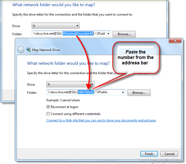 הדבק את מזהה ה- Windows Live שלך ​​בכונן רשת המפות