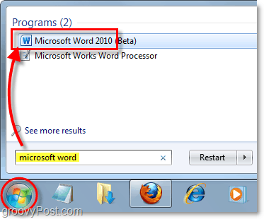 השקת Microsoft Word 2010 בחלונות 7