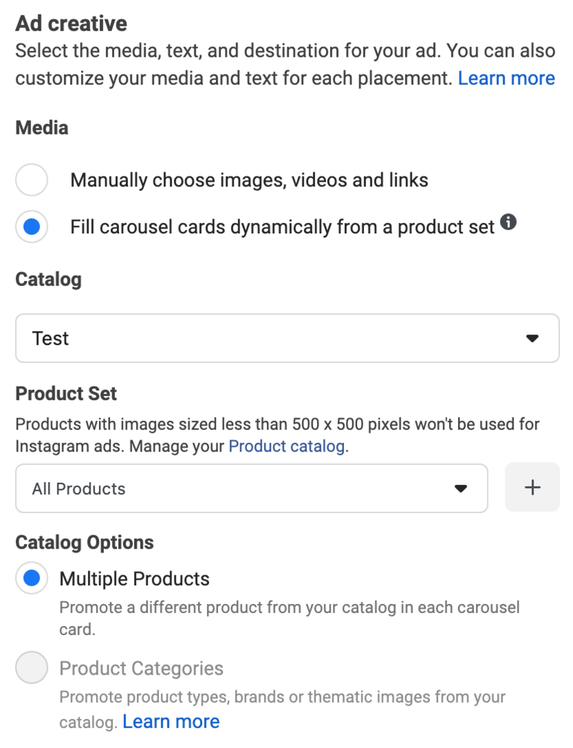 תמונה של מילוי כרטיסי קרוסלה באופן דינמי מתוך אפשרות סט מוצר שנבחרה במהלך הגדרת המודעות בפייסבוק
