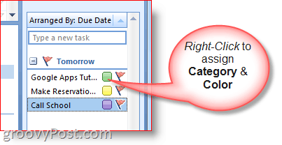 סרגל המטלות של Outlook 2007 - משימה לחיצה ימנית לבחירת צבעים וקטגוריה