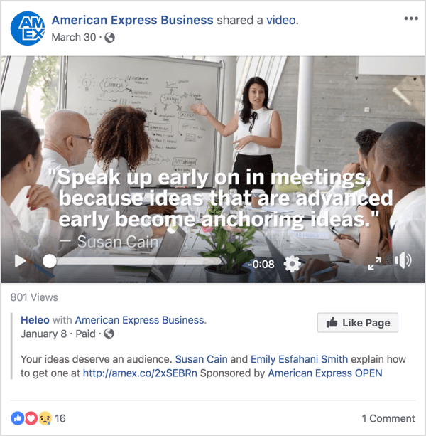 מודעת פייסבוק זו לעסקי אמריקן אקספרס מציגה את סוזן קין, מומחית למנהיגות וניהול ידועה שזכתה לתהילה בשיחת TED לאחרונה.