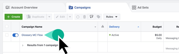 אתר את שם הקמפיין שלך במנהל המודעות של פייסבוק.