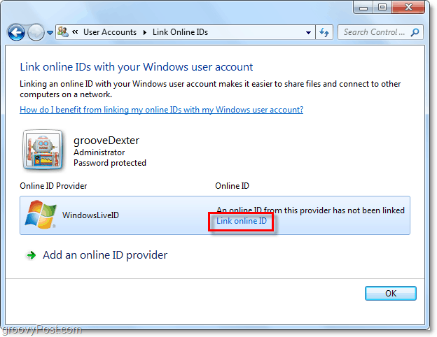 קישור מזהה חי של Windows לחשבון Windows 7 - -