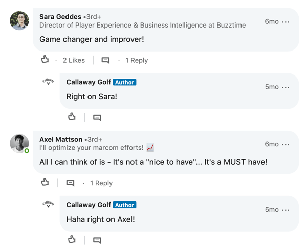 תגובות חברי LinkedIn עבור פוסט גולף Callaway