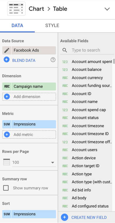 השתמש ב- Google Data Studio כדי לנתח את מודעות הפייסבוק שלך, שלב 10, הגדרות תפריט כדי להתאים אישית את נתוני התרשים שלך