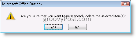 תיבת אישור של Outlook למחיקת פריט דואר אלקטרוני לצמיתות 