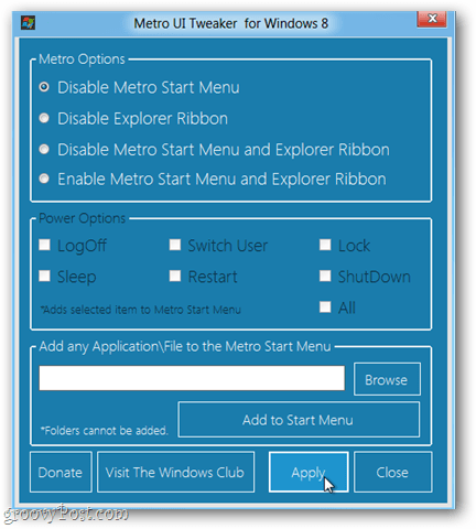 הפעל Tweaker Ui Metro עבור Windows 8