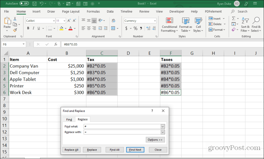 חפש והחליף את הנוסחה ב- Excel