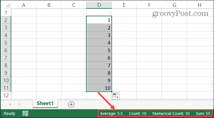 שורת מצב Excel לתאים נבחרים