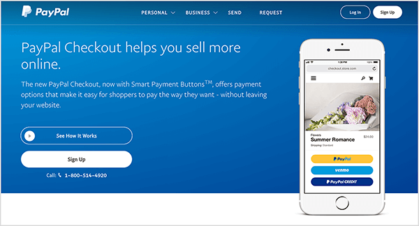 זהו צילום מסך של דף האינטרנט של PayPal Checkout. יש לו רקע כחול וטקסט לבן. כותרת אומרת "PayPal Checkout עוזר לך למכור יותר באינטרנט." שני כפתורים מופיעים מתחת לכותרת: כחול שכותרתו ראה איך זה יצירות ואחד לבן שכותרתו Sign Up. מימין תמונה של טלפון חכם עם תכונת PayPal Checkout בנייד אתר אינטרנט.
