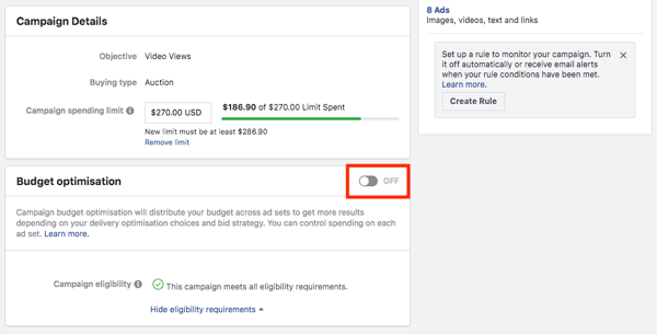 אפשרות אופטימיזציה לתקציב קמפיין בפייסבוק.