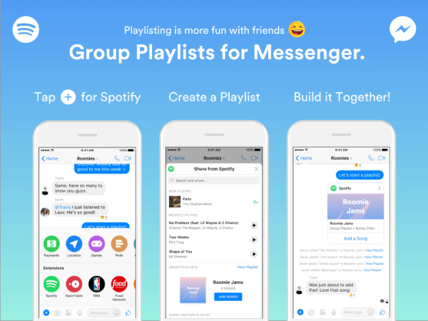 Spotify הרחיבה את הפונקציונליות בתוך הבוט של Messenger שלה כדי לאפשר לקבוצות לבנות רשימות השמעה ישירות מתוך אפליקציית Messenger.