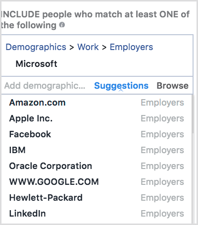 פייסבוק מציעה הצעות בקטע מיקוד מפורט.