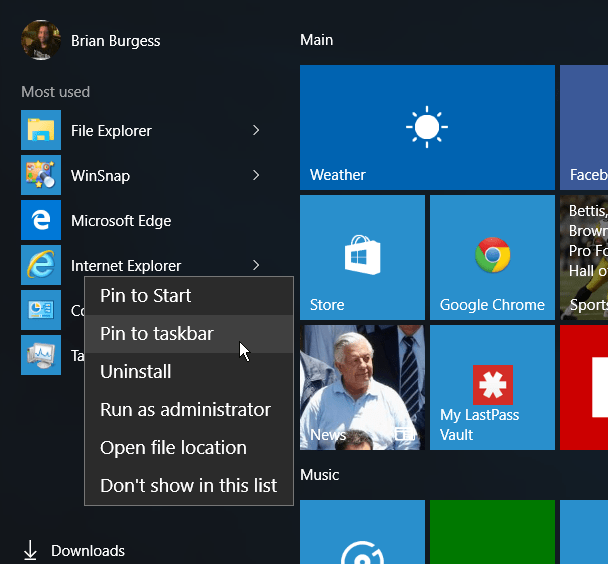 תפריט התחלה של IE Windows 10