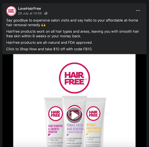 פוסט בפייסבוק מאת lovehairfree וציין את מוצרי הסרת השיער שלהם על ידי השוואתם לביקורים סלוניים יקרים
