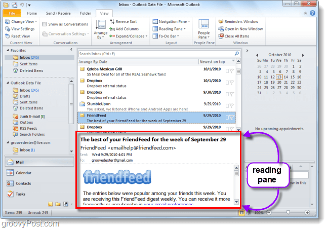 חלונית הדוא"ל של ברירת המחדל של Outlook 2010