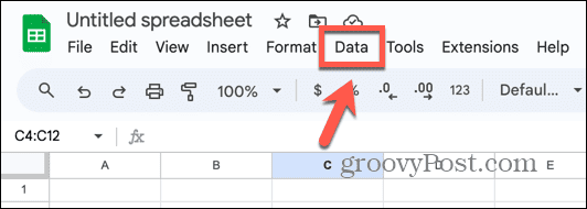 תפריט הנתונים של google sheets