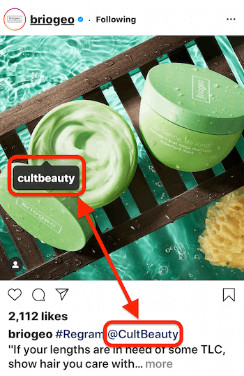 פוסט באינסטגרם מאת @briogeo המציג תג פוסט וכיתוב @mention עבור @cultbeauty, מי המוצר שמופיע בתמונה