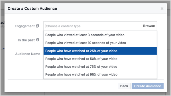 קהל מותאם אישית בפייסבוק על סמך 25% צפיות בסרטונים.