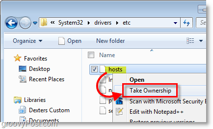 צילום מסך של Windows 7 - השתמש בתפריט ההקשר באמצעות לחצן העכבר הימני כדי לקבל בעלות על כל קובץ ב- Windows 7