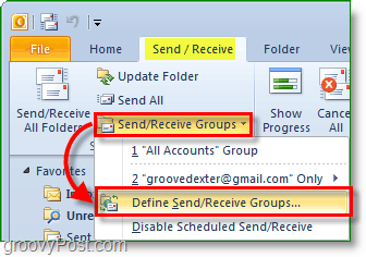צילום מסך של Outlook 2010 - שליחה וקבלה של קבוצות - הגדר קבוצות