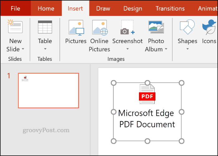 קובץ PDF שהוכנס כאובייקט ב- PowerPoint