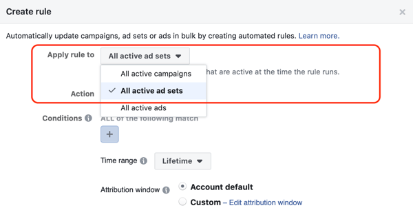 השתמש בכללים אוטומטיים של פייסבוק, עצור את הגדרת המודעה כאשר ההוצאה היא פי שניים מהעלות ופחות מרכישה אחת, שלב 1, חלה על כל ערכות המודעות
