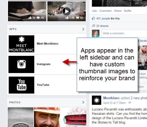 אפליקציות חברתיות בסרגל הצד השמאלי של דף הפייסבוק