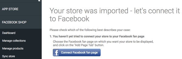 לאחר ייבוא ​​החנות דרך אפליקציית StoreYa, וודאו שהיא מחוברת לפייסבוק.