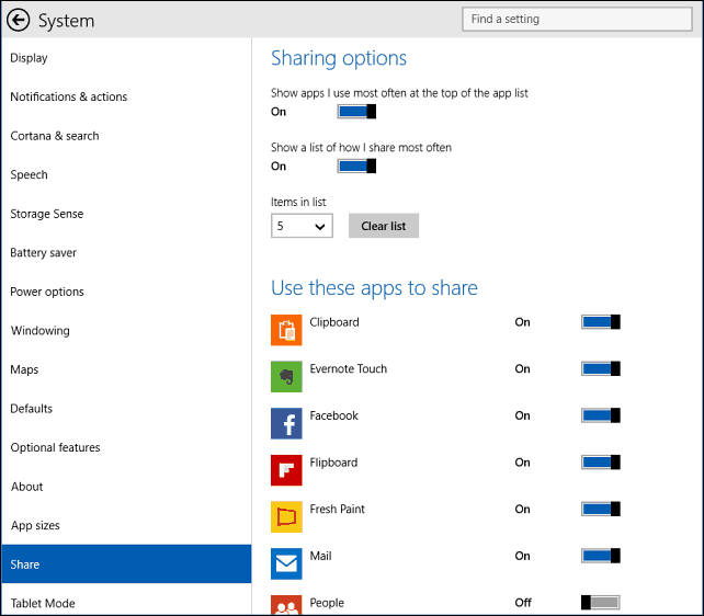 אפשרויות שיתוף Windows 10