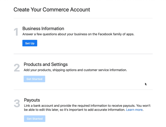 תיבת דו-שיח להגדרת המידע העסקי שלך עבור חשבון המסחר שלך בפייסבוק