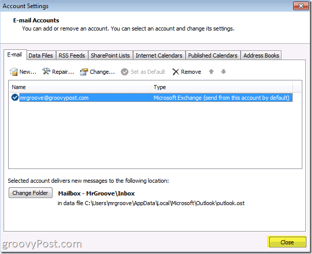 לחצן הסגירה של תמונת המסך של Outlook 2010 כדי לחסוך חיסכון בחשבון