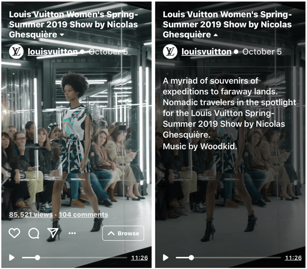 דוגמה לתצוגת IGTV של לואי ויטון לתצוגת האופנה לנשים באביב-קיץ 2019.