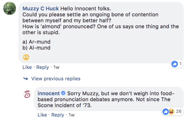 דוגמה לתגובה התמימה לשאלת תגובה בפוסט בפייסבוק.