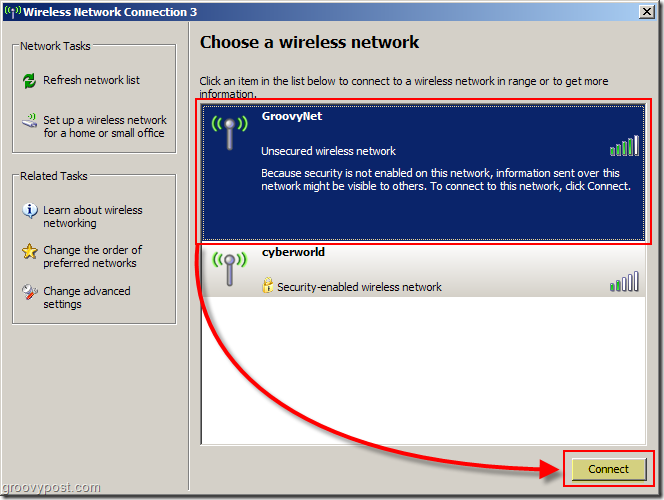 תפריט Windows XP לבחירת תמונת מסך רשת אלחוטית:: groovyPost.com