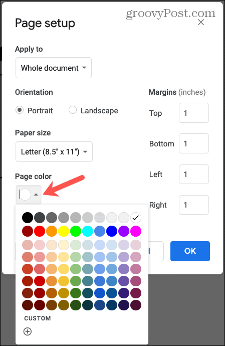 צבע העמוד של Google Docs