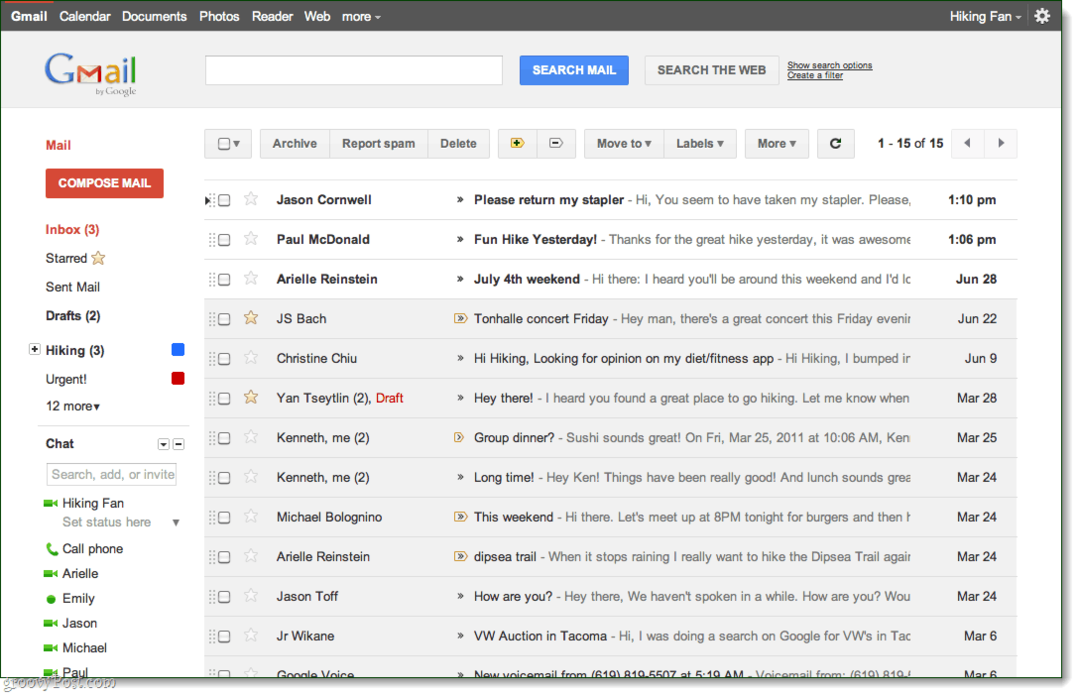 תצוגת תיבת הדואר הנכנס של Gmail, תצוגה מקדימה של נושא